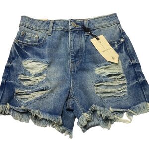 BAN-JARA Jr’s Sz 3/25 Super High Rise Loose Fit Cut Out Distressed Denim Shorts